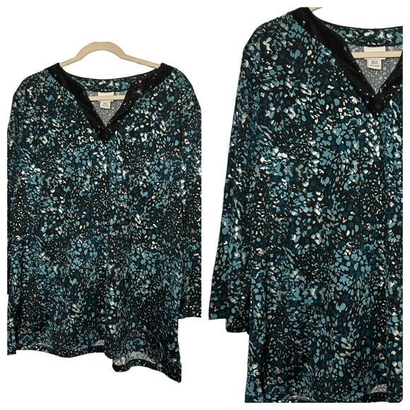 Jaclyn Smith Ladies Sequin Accented Flowy Sleek Blue White V Neck Blouse SZ XXL - Picture 1 of 7